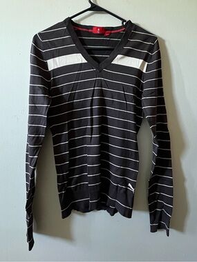 Puma Black and White Striped V-Neck Sweater